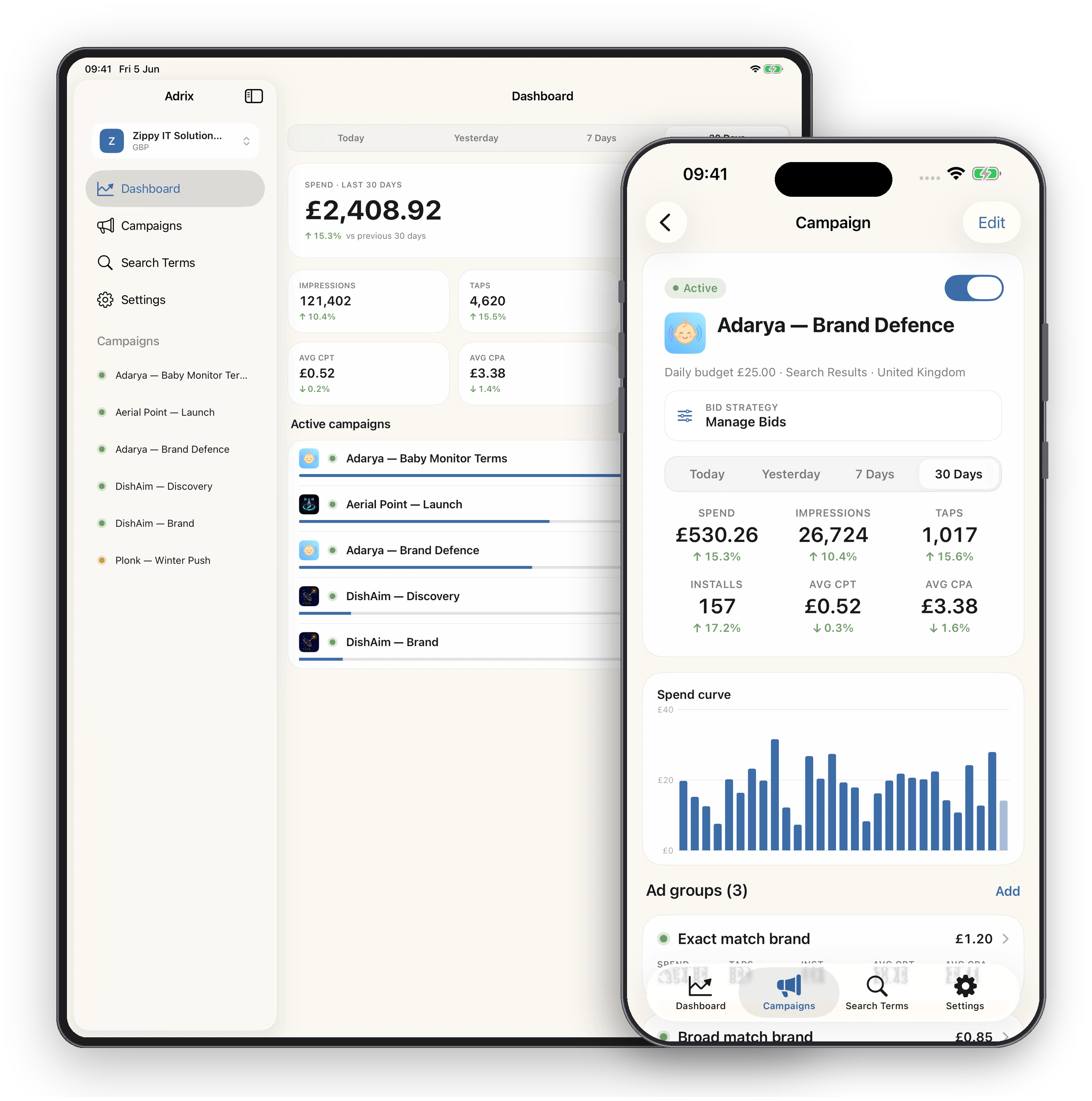 The Adrix dashboard shown on iPad alongside an Apple Ads campaign detail screen on iPhone