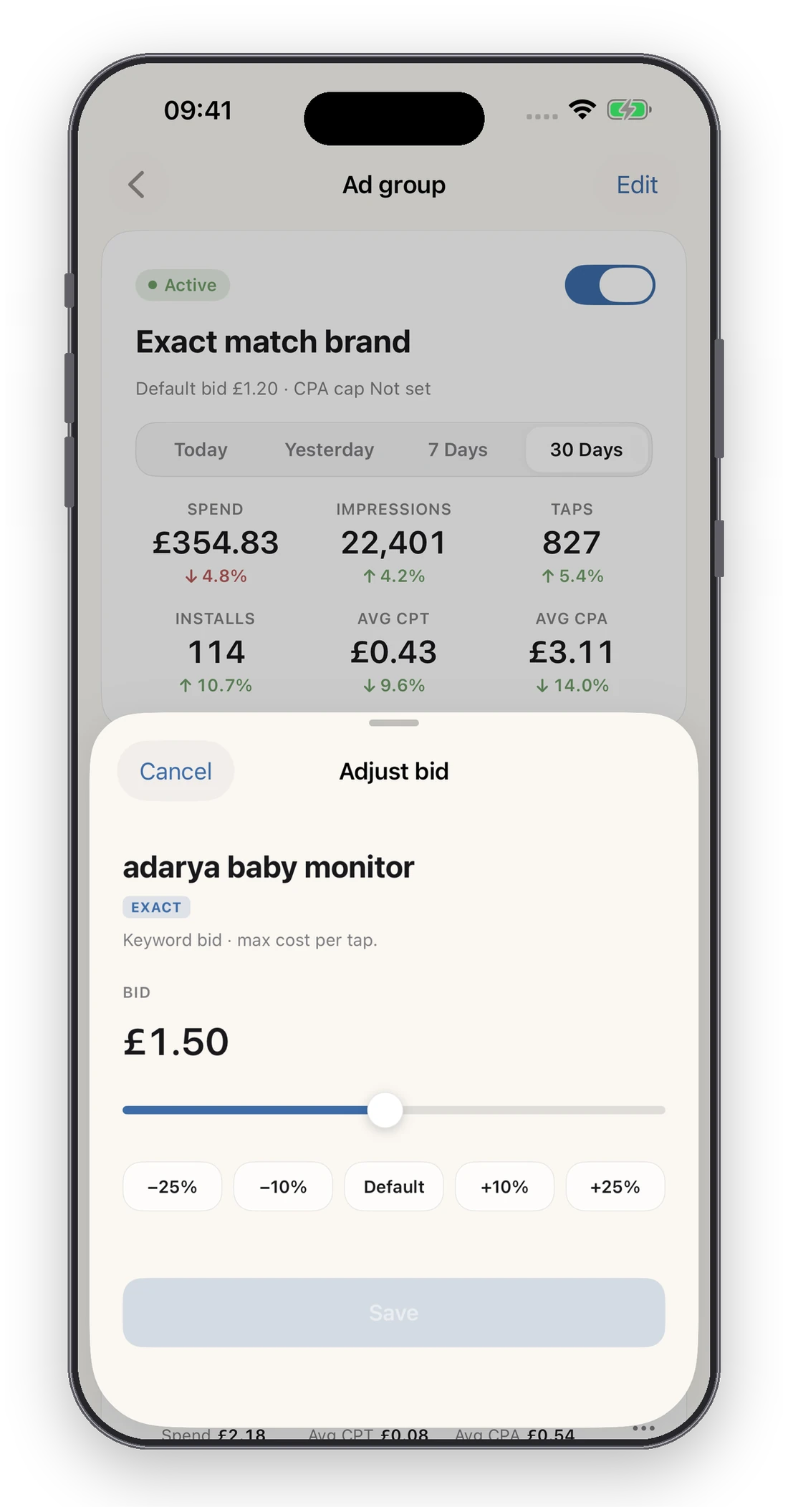 Adjusting a keyword bid in Adrix with a slider and quick preset buttons from minus 25% to plus 25%